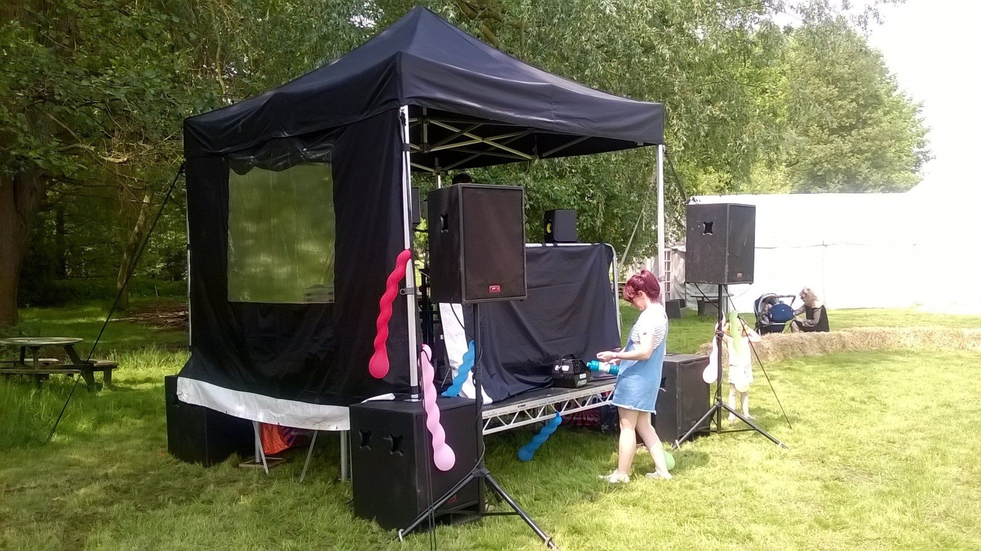 3 x 3 modular stage with gazebo canopy and PA system