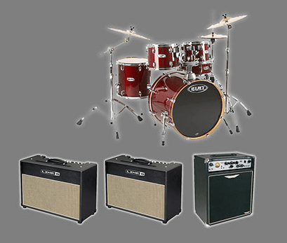Drum kit, guitar amps and keboard backline hire package