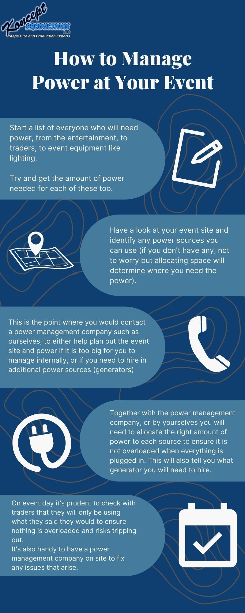 Infographic showing the steps needed to manage power at an event