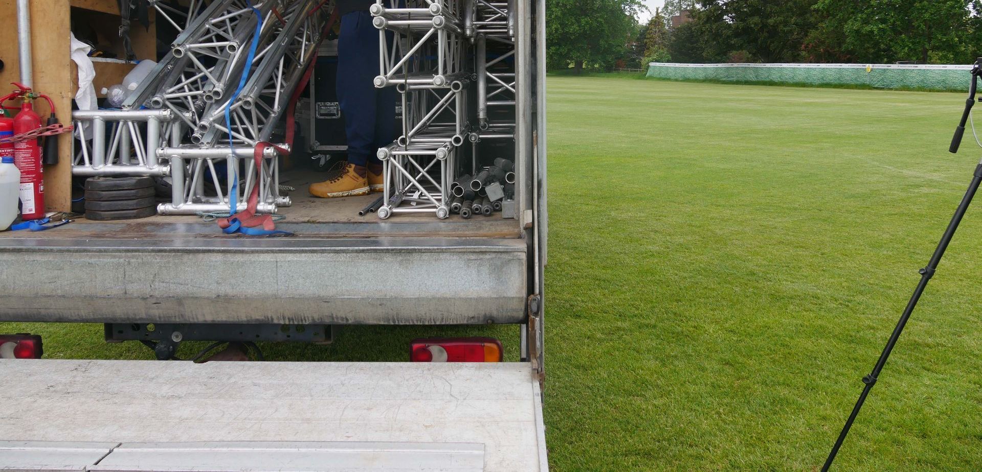 The inside of a stage hire truck at a venue.