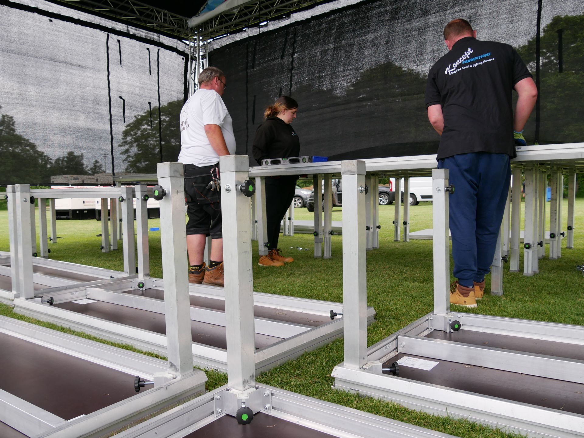 crew setting up the decking