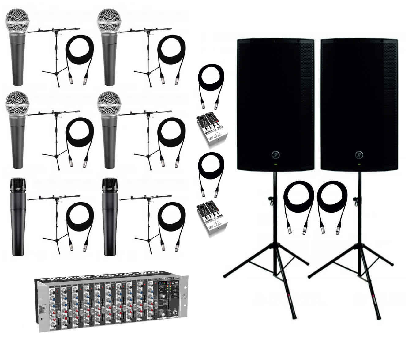six Microphones, 2 speakers and cables