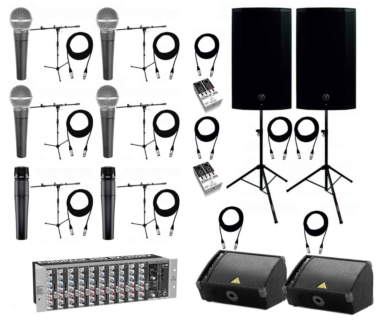 six Microphones, 4 speakers and cables