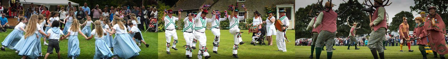 Series of photos, a dance group in a circle with blue skirts, Morris dances and man holding deer heads on sticks in a circle