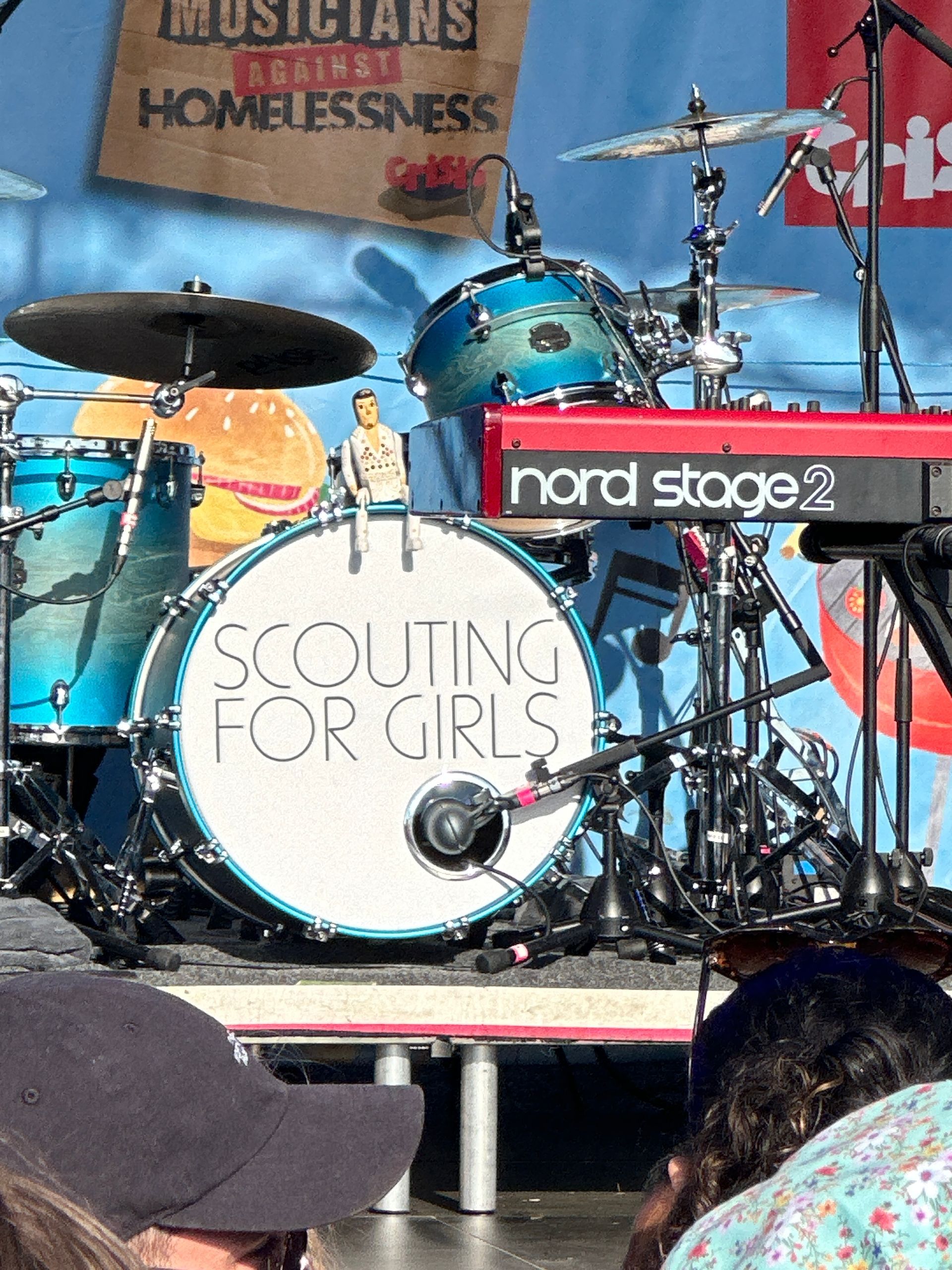 A close up of a drum kit that reads Scouting for Girls
