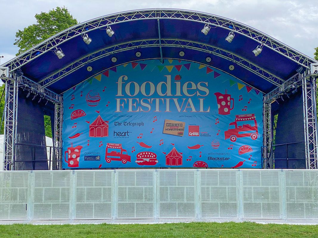 Large Arc Truss stage set up for the Foodies event on contract hire