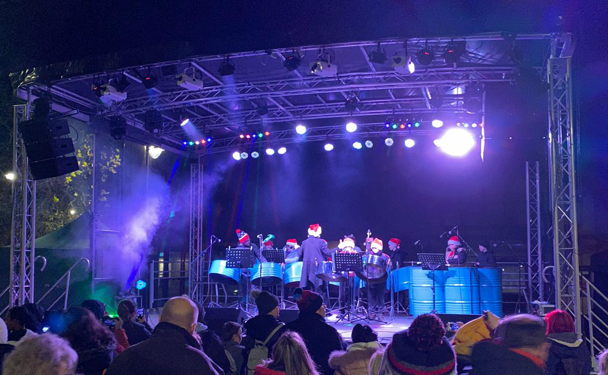 Drummers on a trailer stage