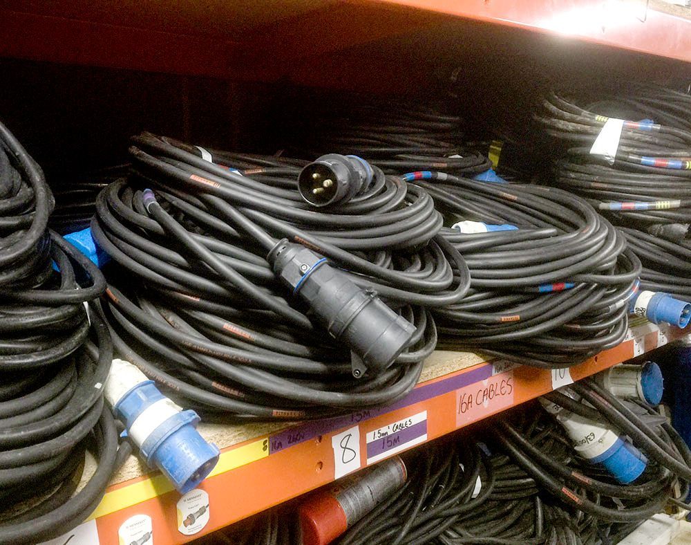 close up of coiled up cables on a shelf