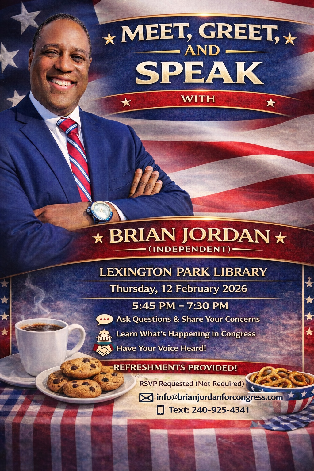 Political event poster for Brian Jordan at the Lexington Park Library.