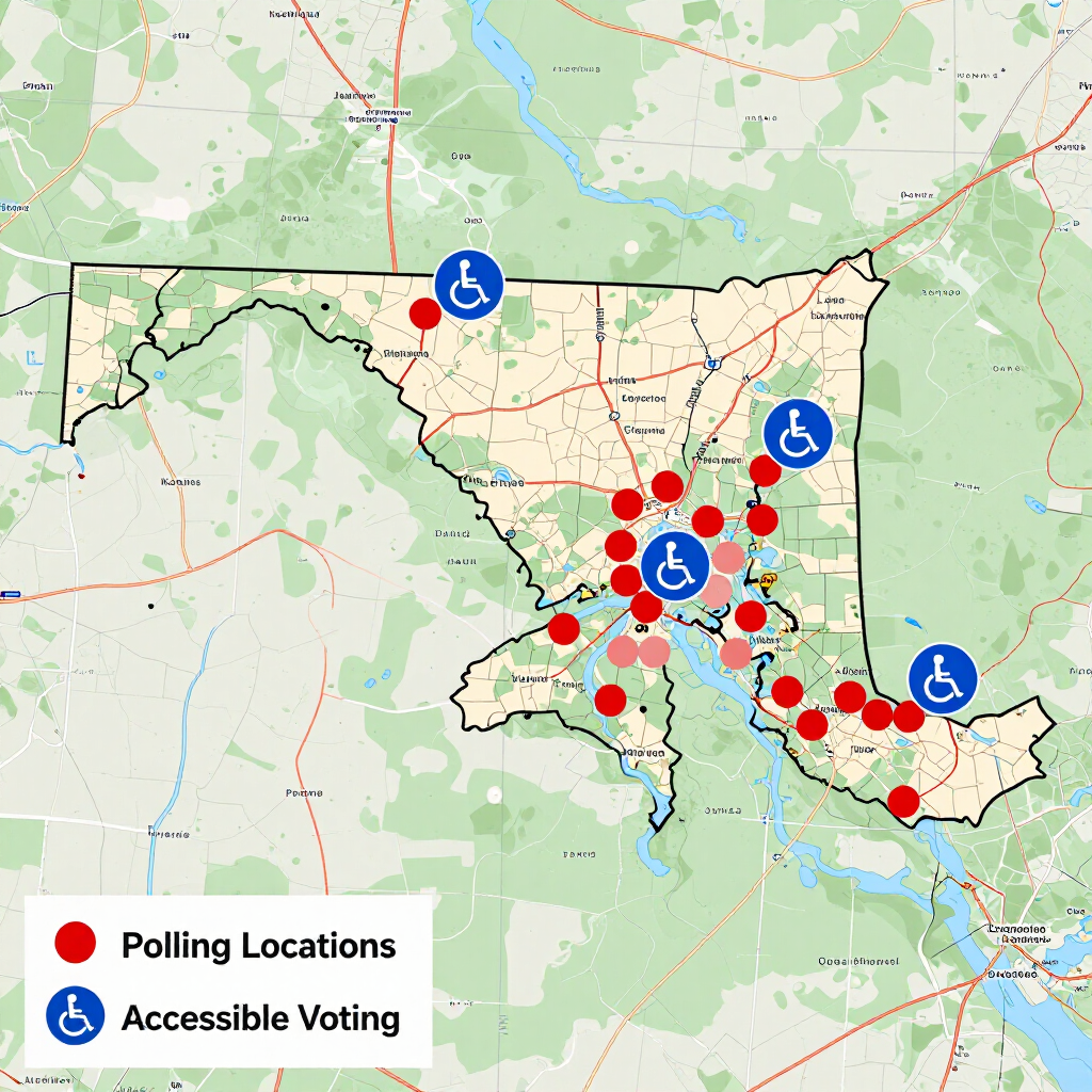 Map showing red polling locations and blue accessible voting icons in a county area
