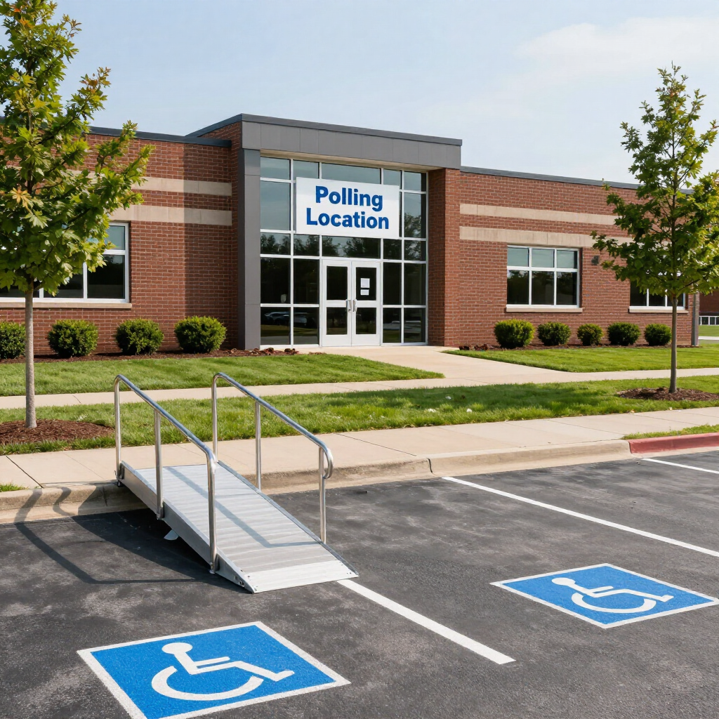 Polling location entrance with ramp and accessible parking spaces in front of a brick building