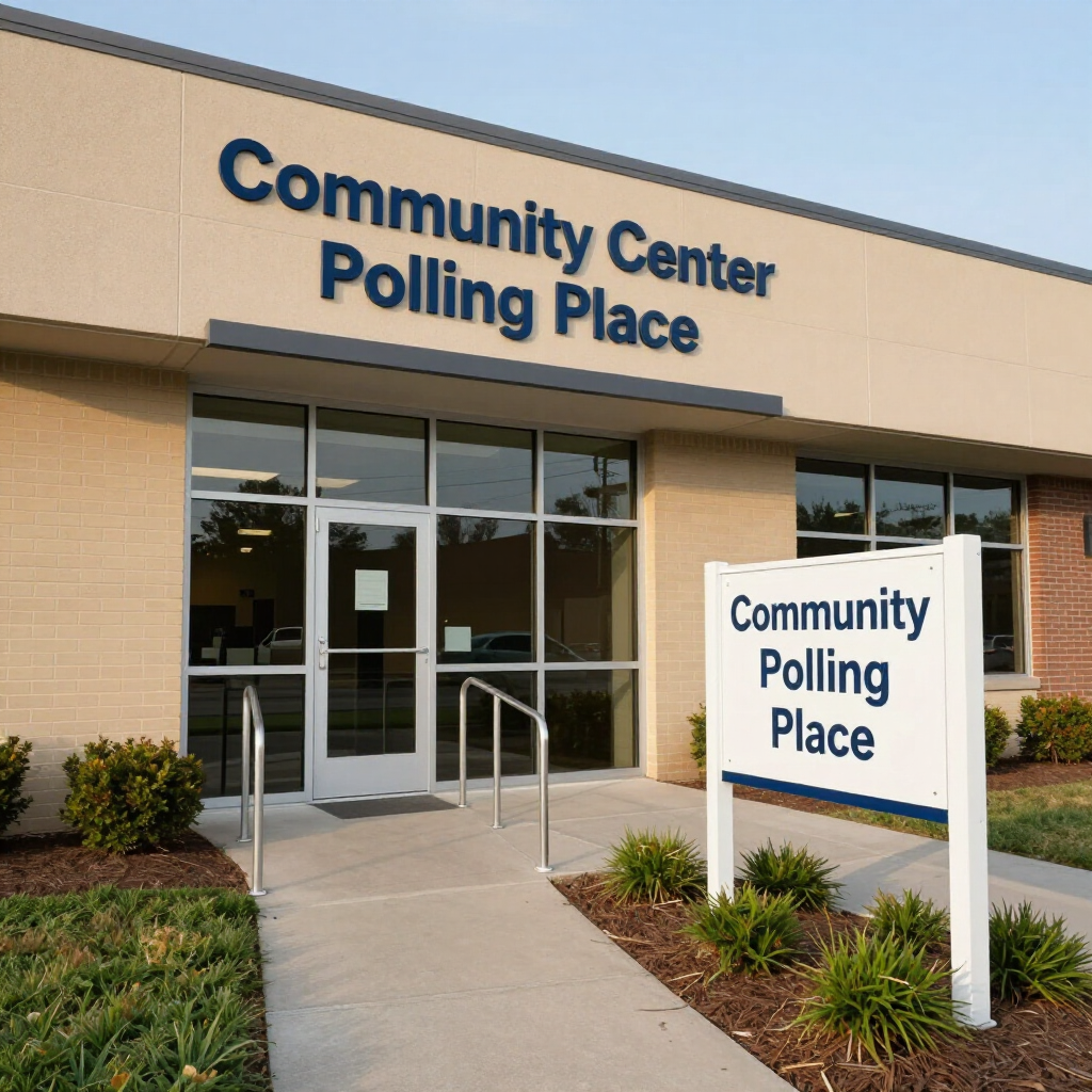 Community center polling place entrance with blue sign and white yard sign near glass doors