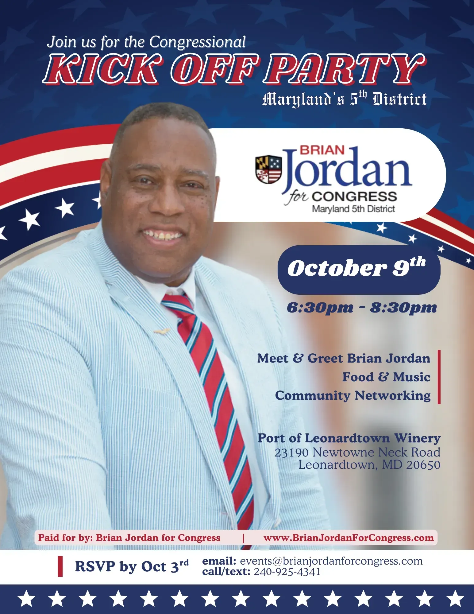 Flyer for Brian Jordan's Congressional kick-off party, Maryland's 1st District, October 9th, with a photo of Jordan.