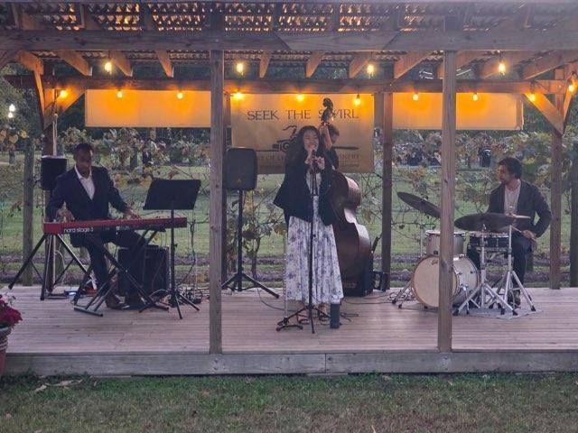 Jazz band performing outdoors on a stage; woman singing with upright bass, keyboardist, and drummer.