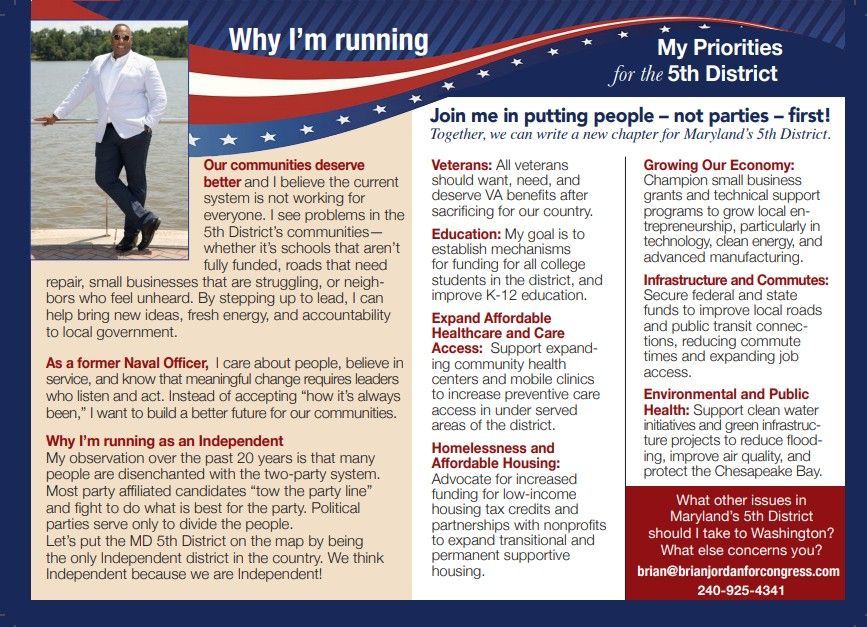 Brian Jordan for Congress Maryland 5th district brochure front