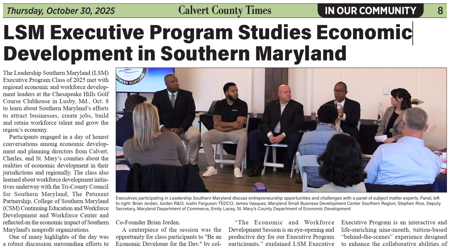 Calvert County Times article: LSM program studies Southern Maryland's economic development. Panel discussion photo.
