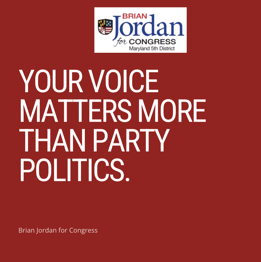 Political ad for Brian Jordan for Congress: white text on red background: 