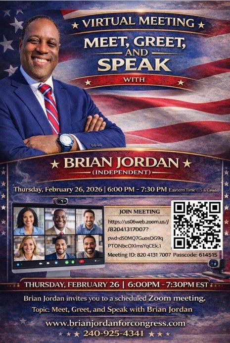 Photo of Brian Jordan, event details, and refreshments.