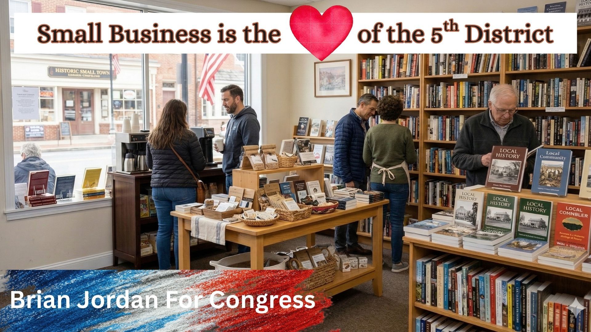 Small business storefront with shoppers and tables of books; banner reads “Small Business is the heart of the 5th District.”