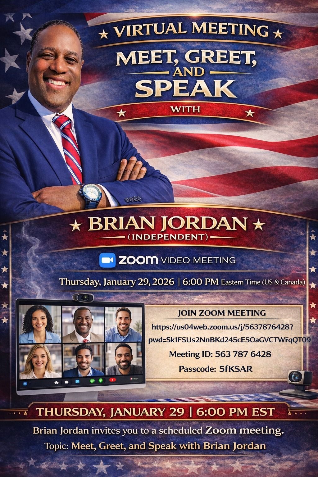 Political event flyer: Brian Jordan invites you to a virtual 