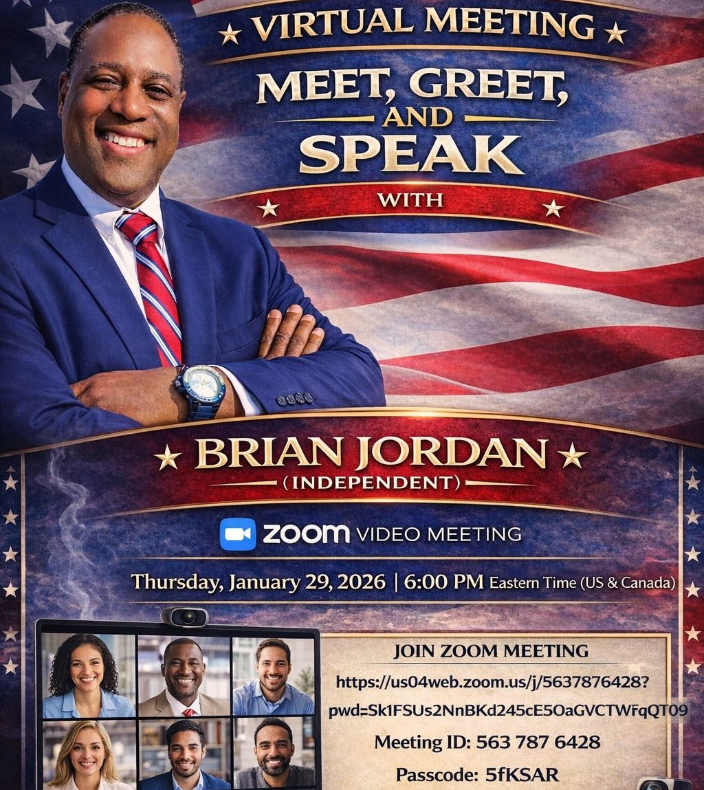 virtural meeting the 4th thursday of every month by candidate Brian Jordan, running for MD Congress