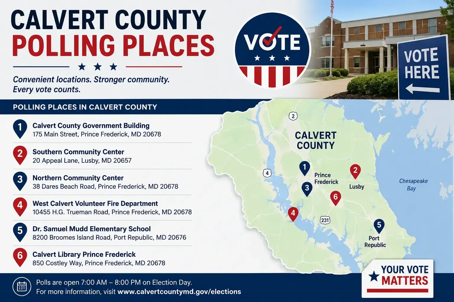 Calvert County polling places map with vote signs and five listed voting locations