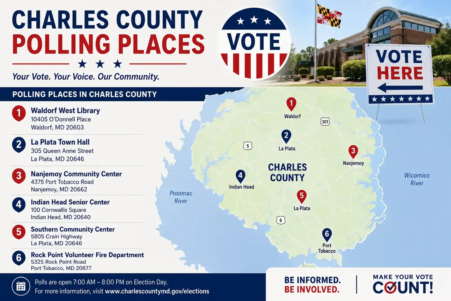Charles County voting places flyer with map, red location pins, and 