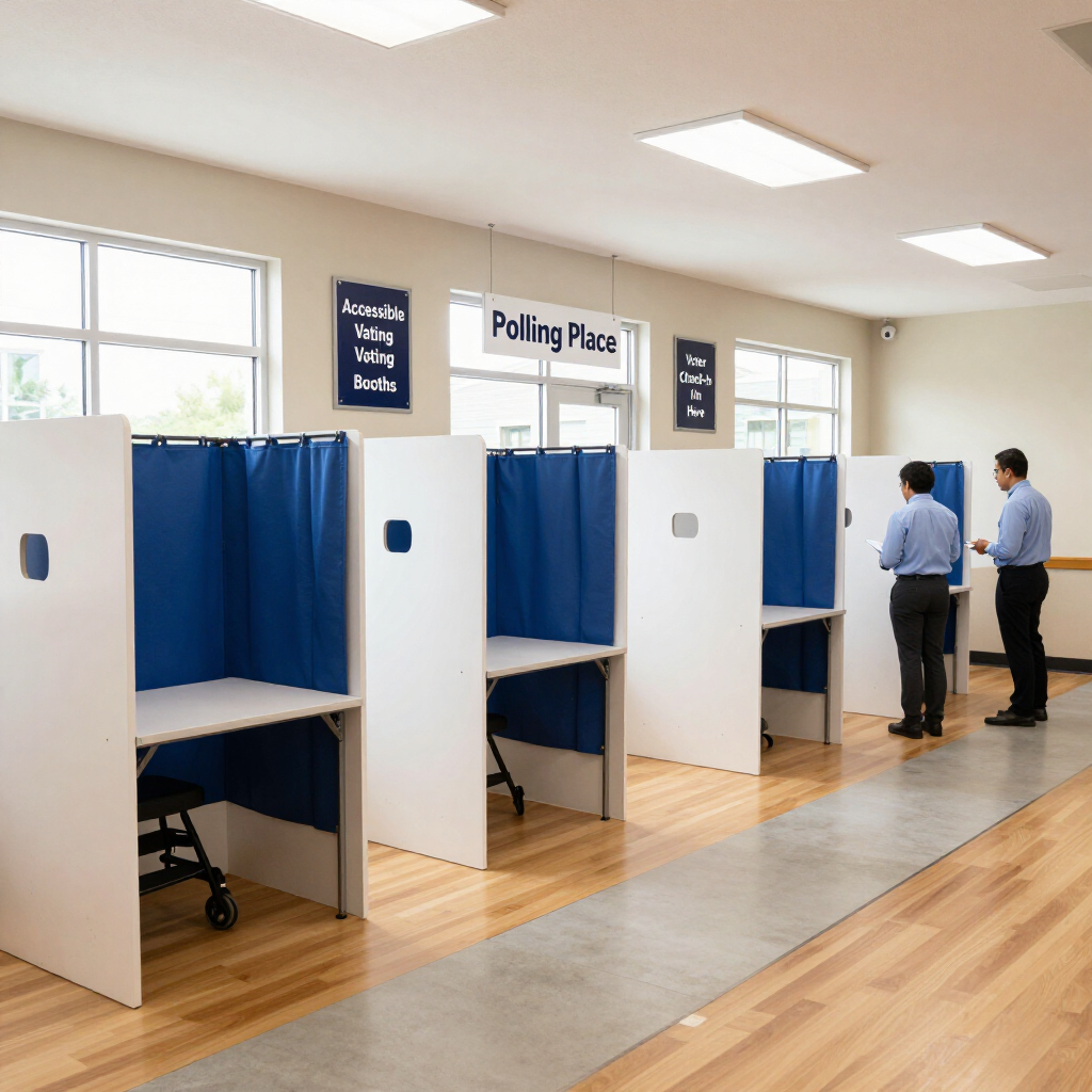Polling place with blue voting booths and two people standing nearby in a bright room