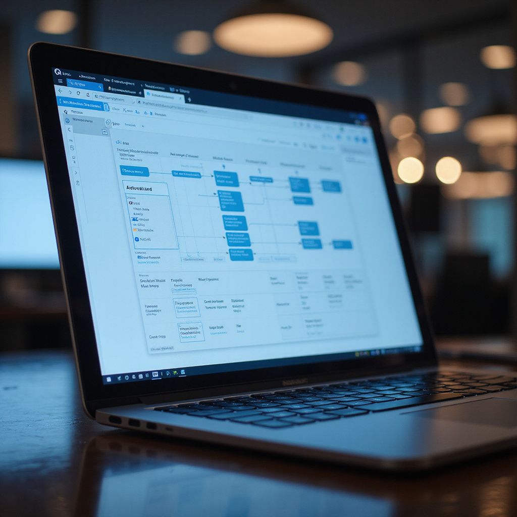 Laptop displaying a project management interface with a timeline and blue task boxes in an office setting.