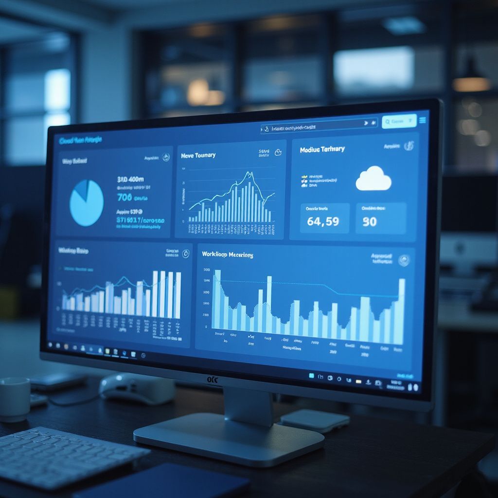 Monitor displaying data charts and graphs in blue; office setting.