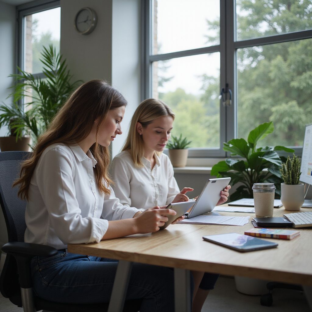 Two women in white shirts work together at a desk, reviewing tablets in an office setting.