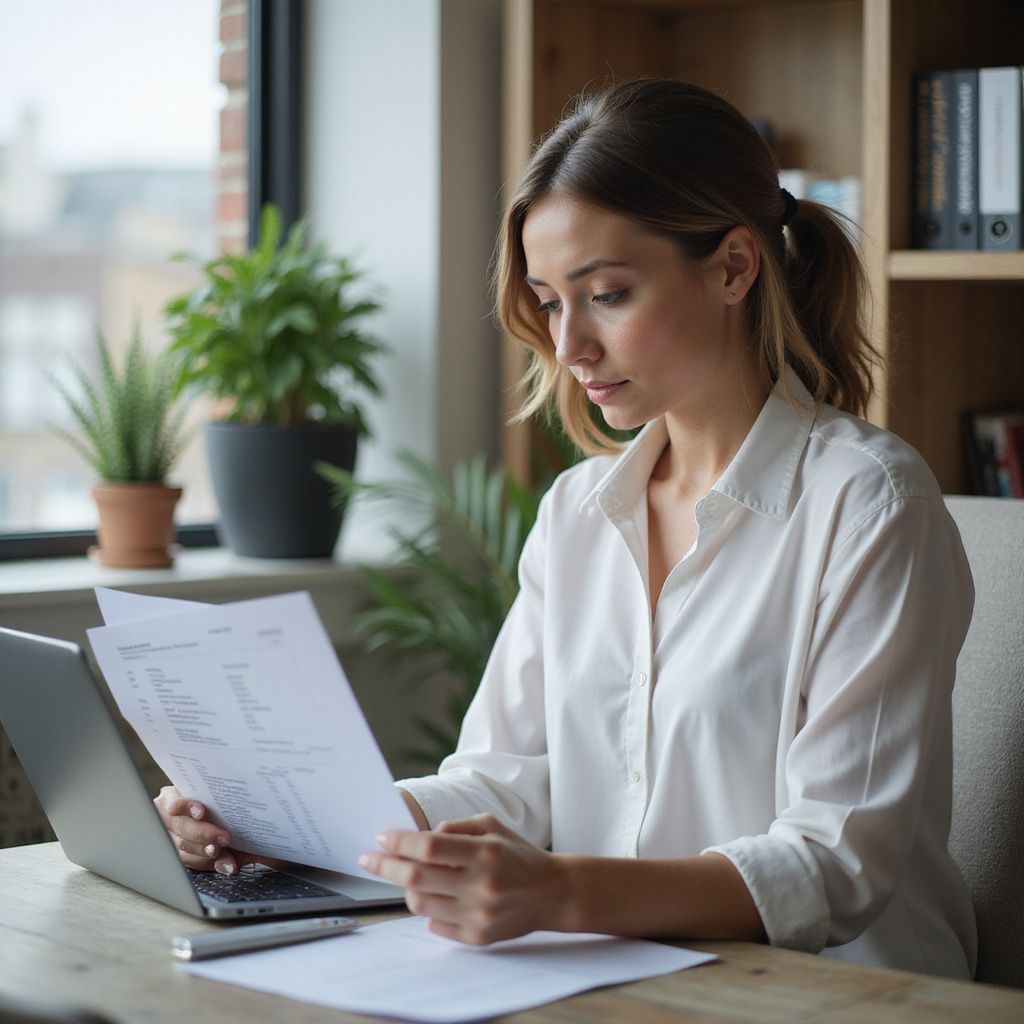 Woman in white shirt, examining papers at a desk with laptop and plants in a home office setting.
