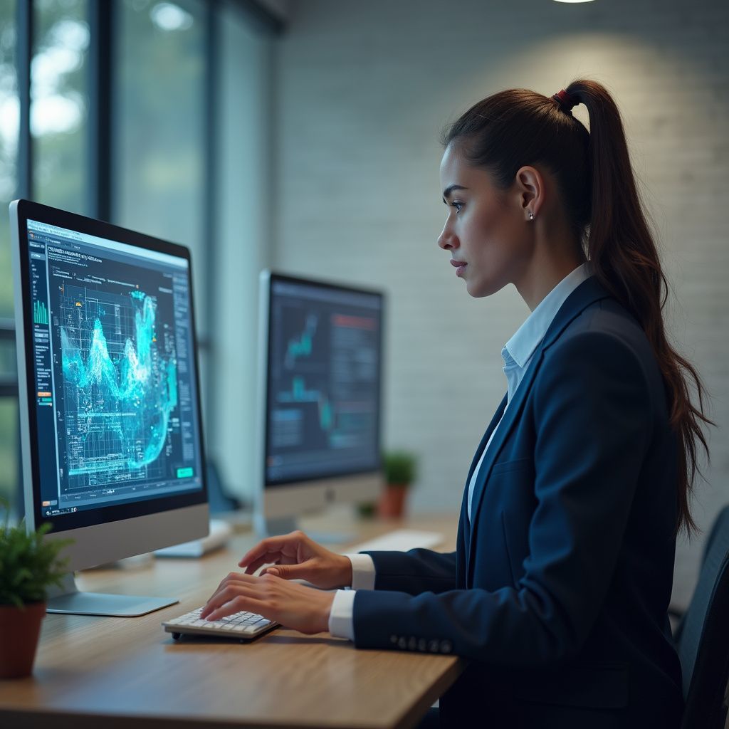 Woman in a suit working on a computer with a blue graphical interface in an office setting.