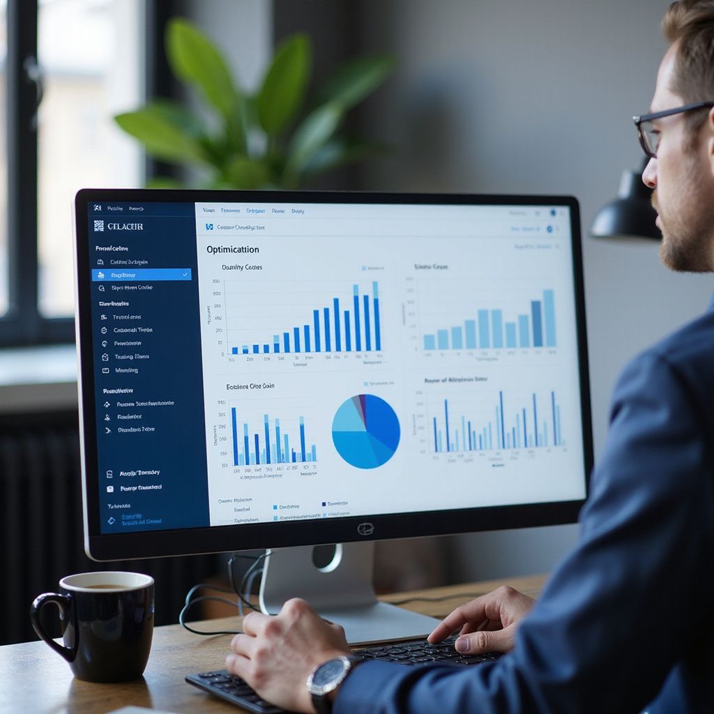 Man in suit analyzes data charts on computer, black mug, indoor setting.