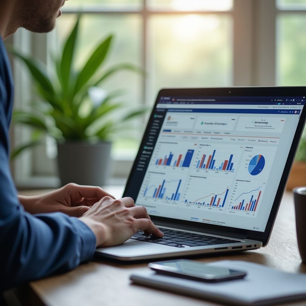Man using laptop, analyzing charts and graphs indoors, near a window and plant.