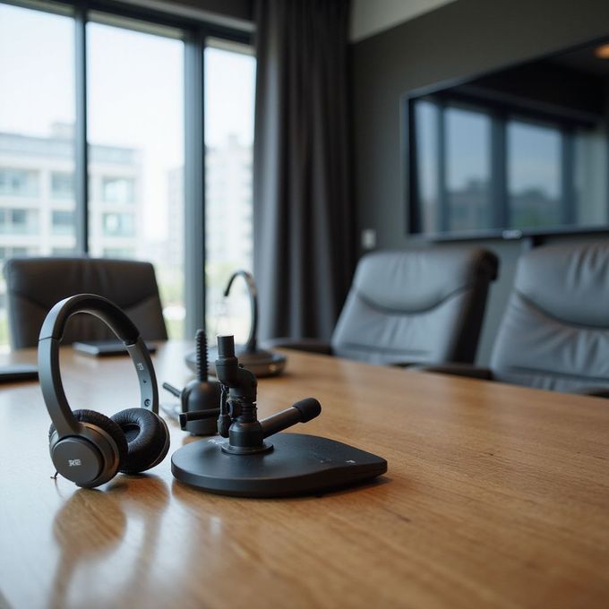 Headphones and microphone on a wooden conference table.  Leather chairs and a window with buildings in the background.