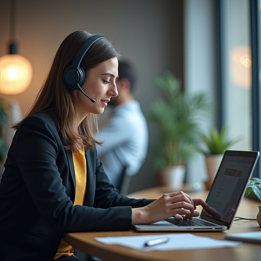 Woman wearing headset, working on laptop at a table, with a colleague in the background.