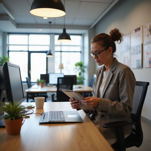 Woman in glasses and blazer reviews a tablet at her office desk, typing on laptop.