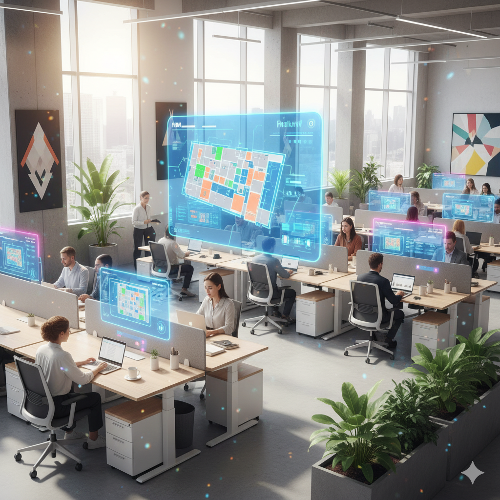 An office with people working on computers, surrounded by holographic displays. Sunlight streams through windows.
