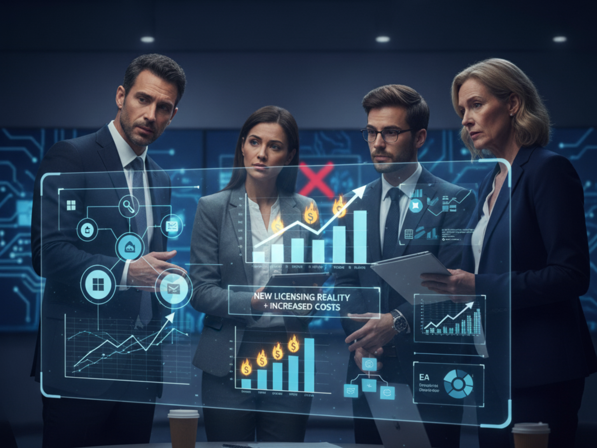 Business team analyzing data on a futuristic transparent screen. Men and women in suits discussing financial trends.