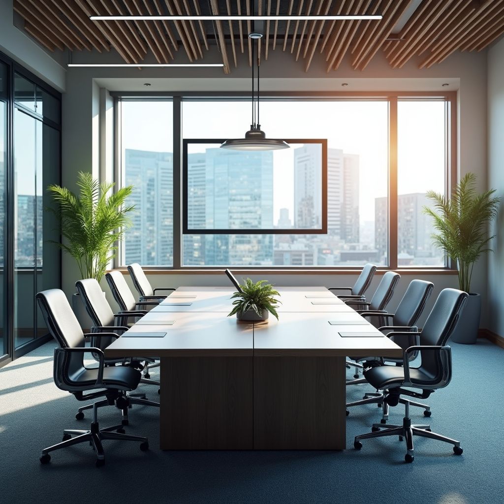 Conference room with table, chairs, screen, and cityscape view through windows.
