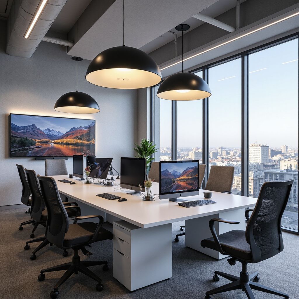 Modern office with long table, computers, chairs, cityscape view through windows, and large black pendant lights.