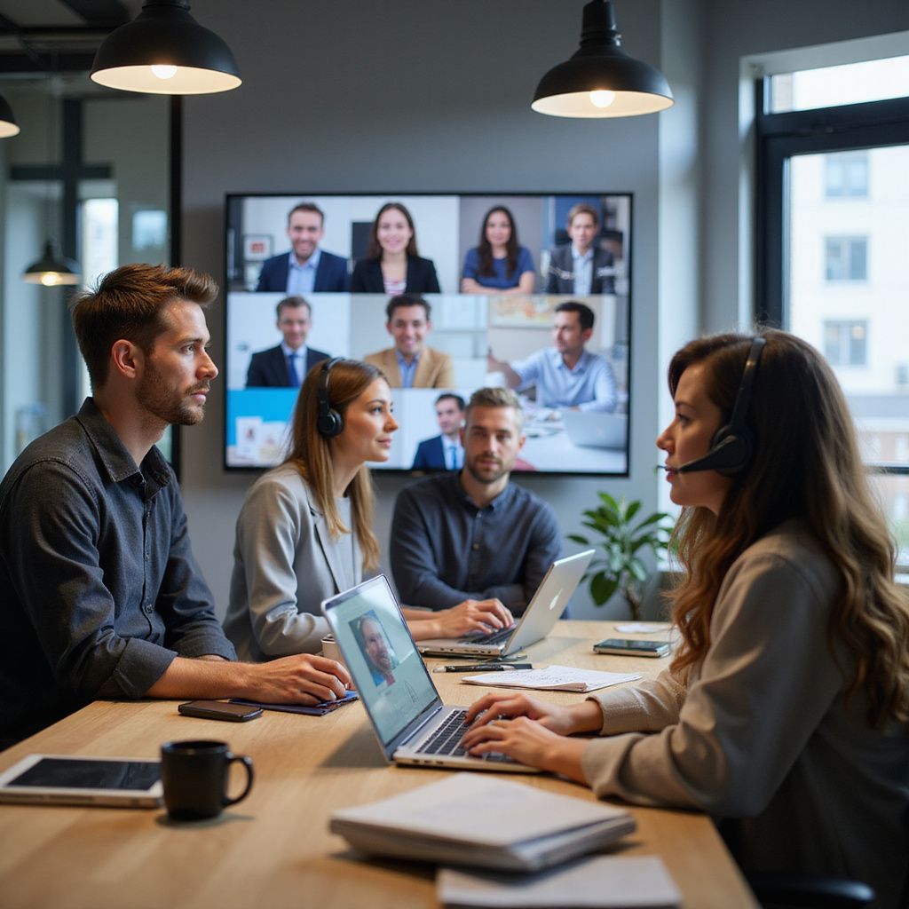 People in a meeting room on a video call with remote colleagues. They are looking at a laptop screen.