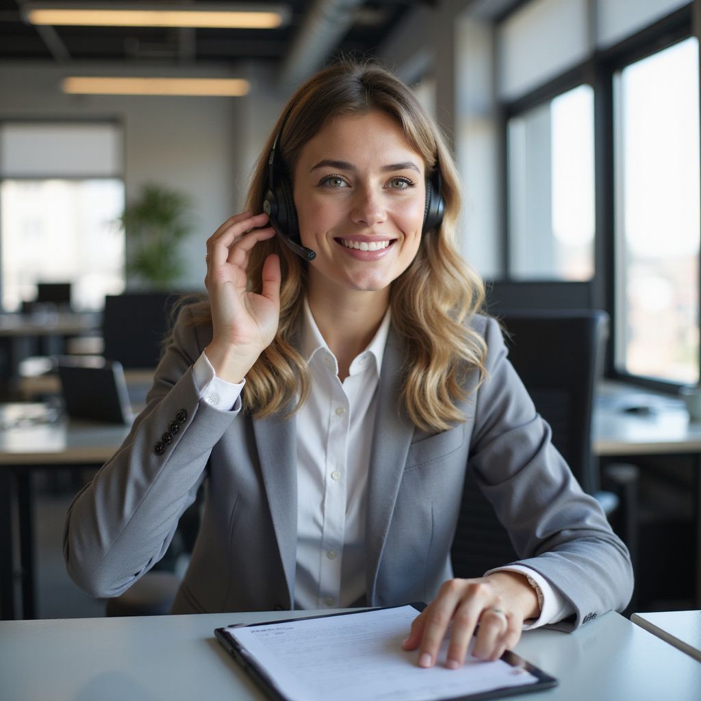 Woman in gray suit wearing headset, smiling, in office, holding clipboard.