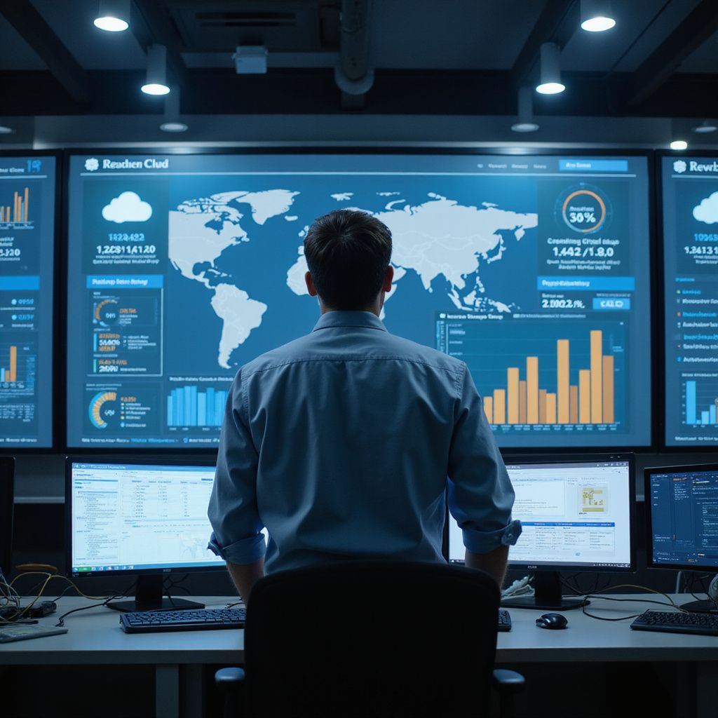 Man in a control room, looking at a world map display with data charts.