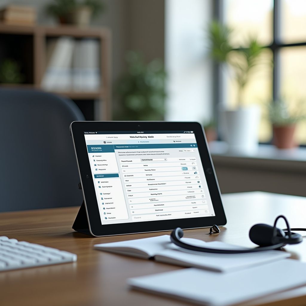 Tablet displaying a work dashboard on a wooden desk with a keyboard, notepad, and headset.