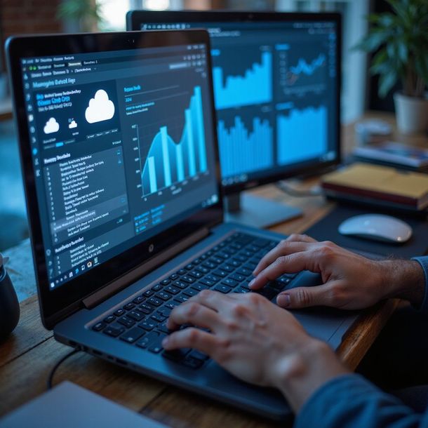 Person typing on a laptop with data graphs displayed on it and a connected monitor.