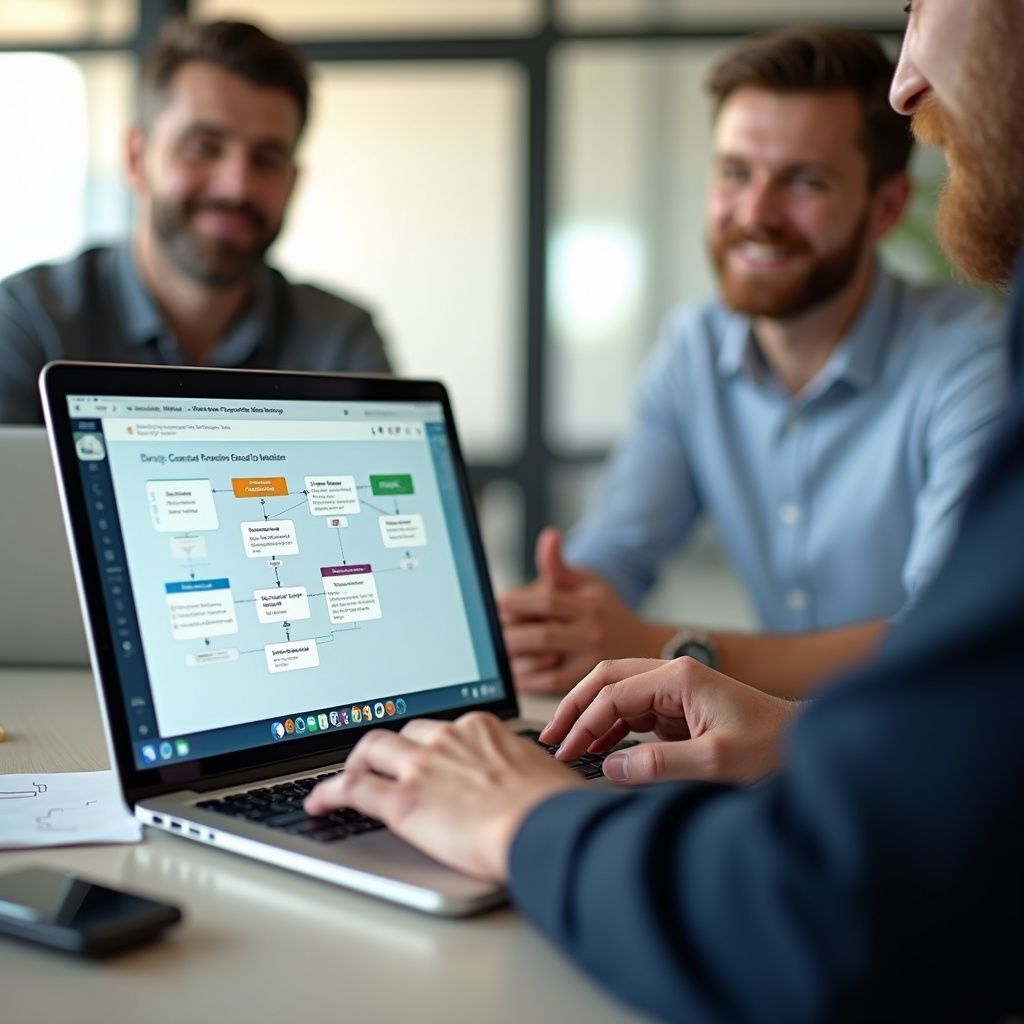 Three men in office around laptop showing a workflow diagram. One types, two smile.