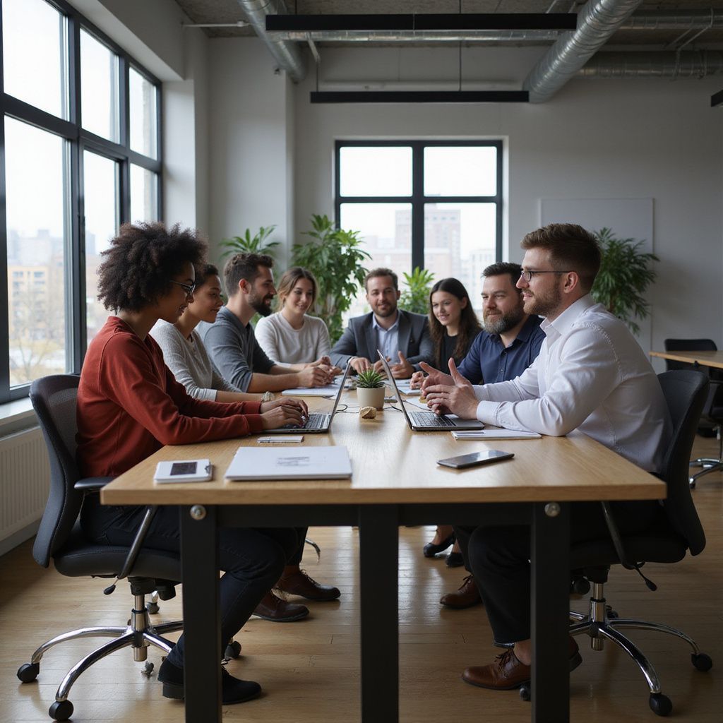 Group of people in an office meeting around a table, some with laptops, discussing.