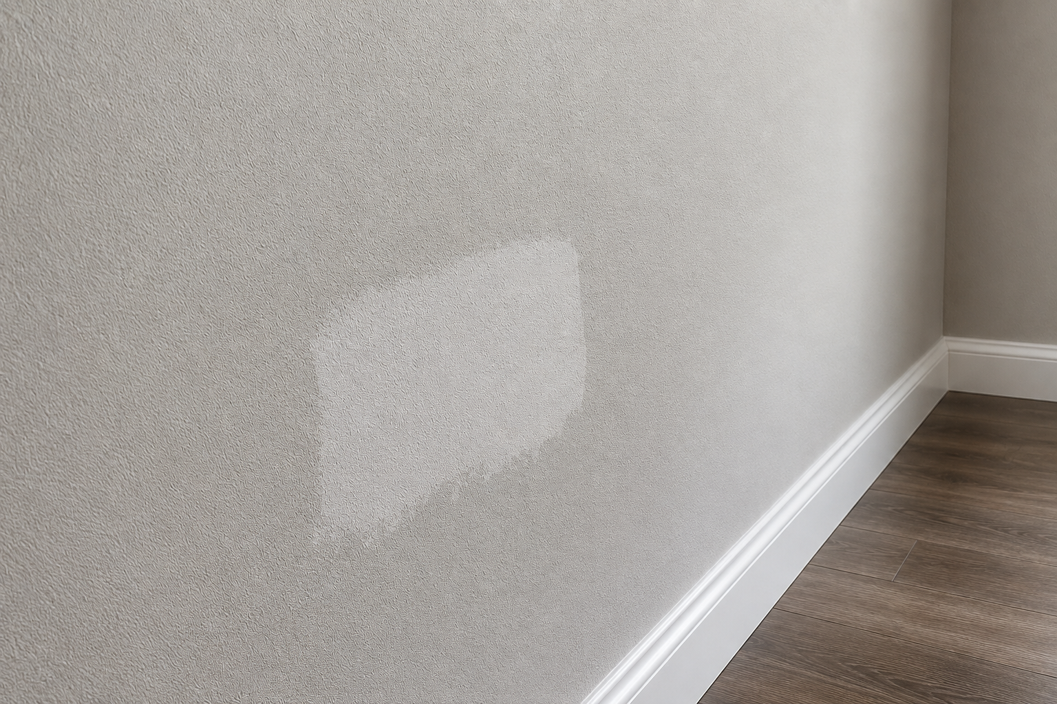 Patch on light gray wall above white baseboard beside dark wood floor.